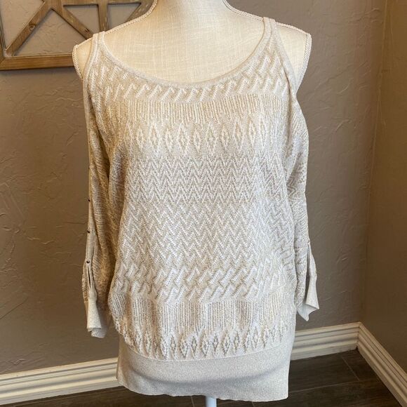 White House Black Market Knit Cream Gold Sparkle Cold Shoulder Sweater Sz Large - Picture 1 of 13